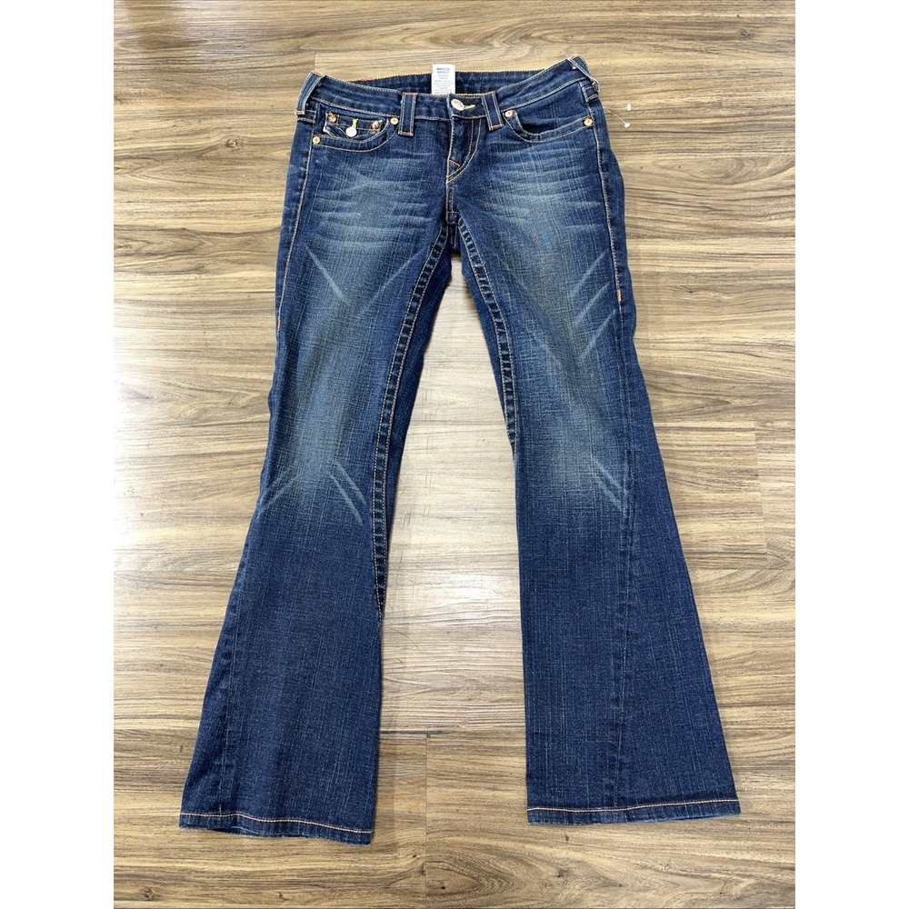 True Religion Bootcut Jeans Dark Blue Contrast Stitching Logo Women